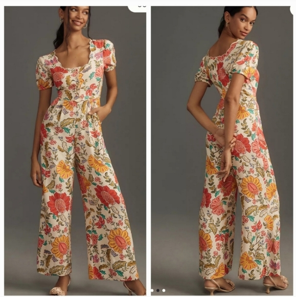 Anthropologie Pants - Farm Rio Floral Puff Sleeve Jumpsuit